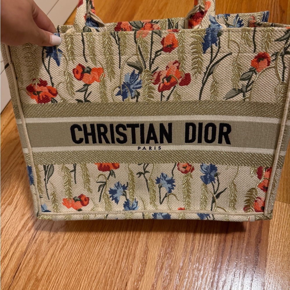 Dior Floral Canvas Tote with Red and Blue Accents
